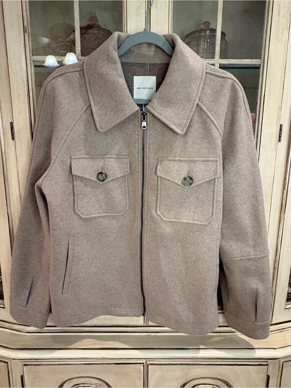 Avec Les Filles Beige Felted Zip Front Relaxed Jacket in Size Large